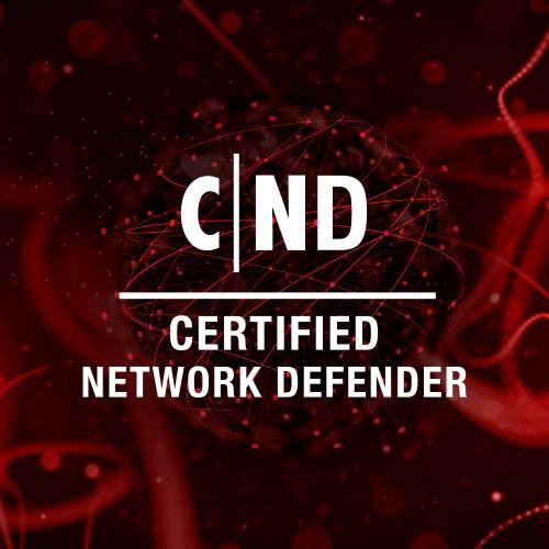 Certified Network Defender logo against an abstract red technology background.